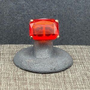 Rectangle Cocktail Ring Size 6 As Is Red Orange Rhinestone Pale Gold Silver Glam